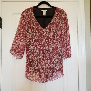 Nine West Sheer Red Print Tunic Size 6 V-neck Black underlay